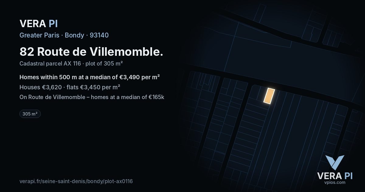 82 Route de Villemomble, Bondy at night – the plot lit, the parcels around coloured by the prices near them