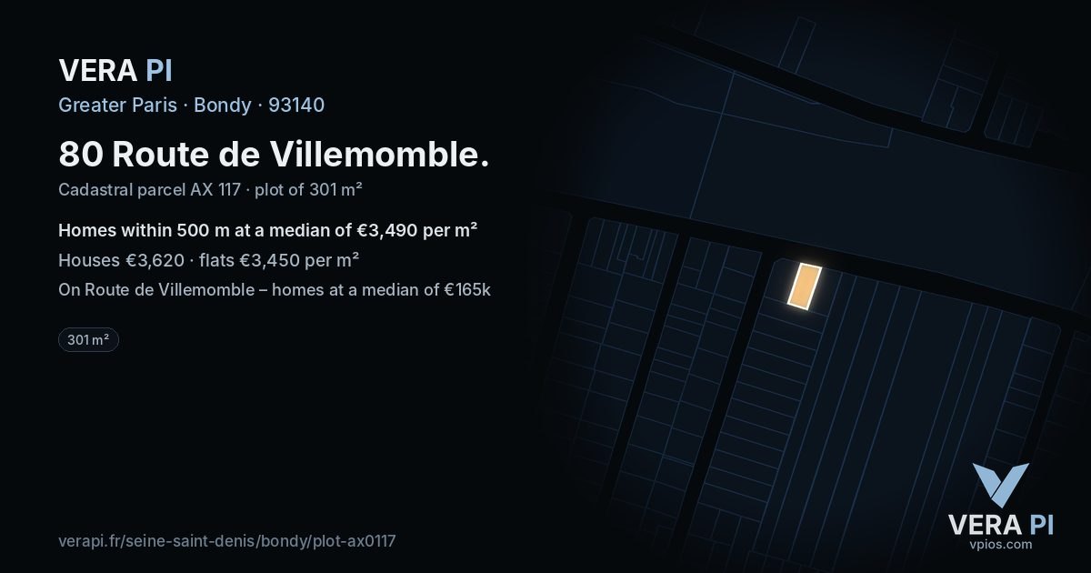 80 Route de Villemomble, Bondy at night – the plot lit, the parcels around coloured by the prices near them