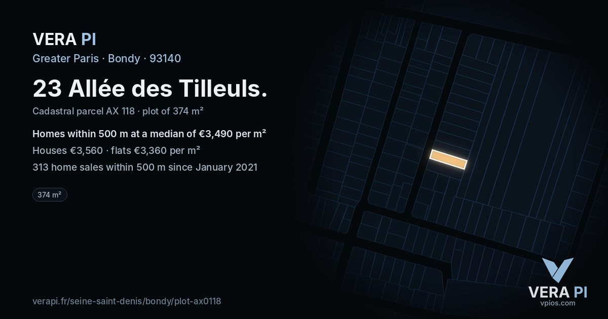 23 Allée des Tilleuls, Bondy at night – the plot lit, the parcels around coloured by the prices near them