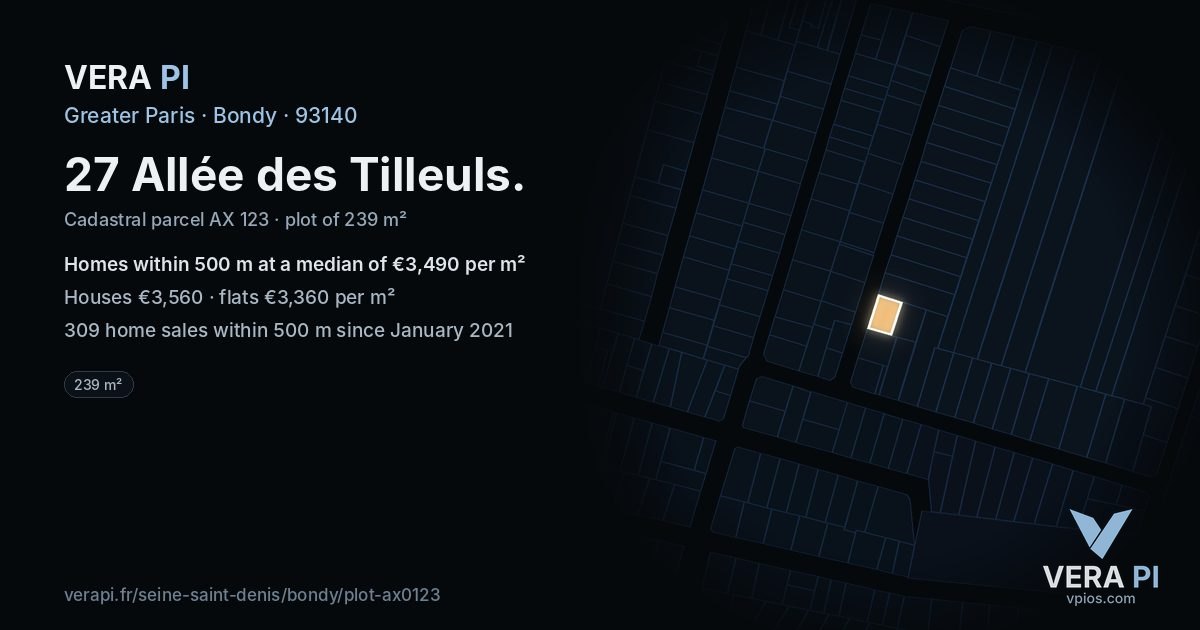 27 Allée des Tilleuls, Bondy at night – the plot lit, the parcels around coloured by the prices near them