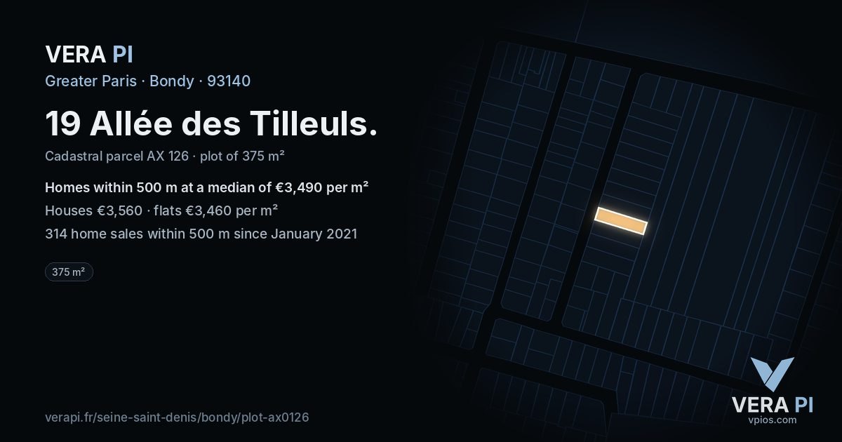 19 Allée des Tilleuls, Bondy at night – the plot lit, the parcels around coloured by the prices near them