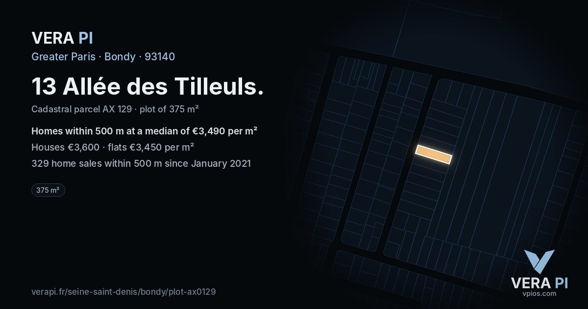 13 Allée des Tilleuls, Bondy at night – the plot lit, the parcels around coloured by the prices near them