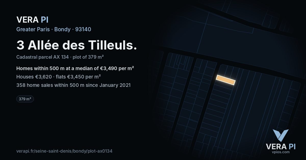 3 Allée des Tilleuls, Bondy at night – the plot lit, the parcels around coloured by the prices near them