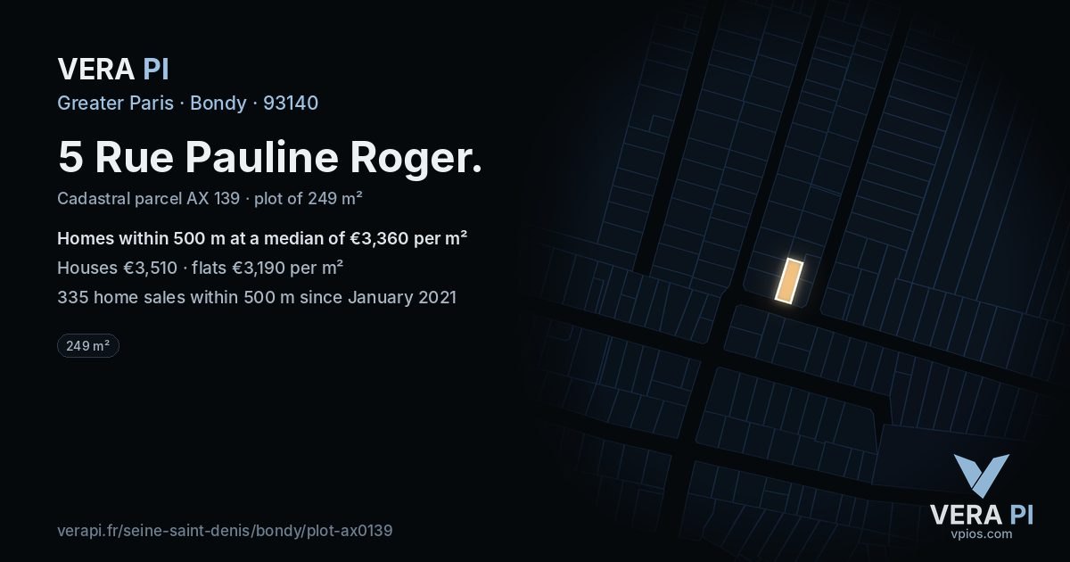 5 Rue Pauline Roger, Bondy at night – the plot lit, the parcels around coloured by the prices near them
