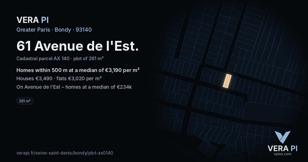 61 Avenue de l'Est, Bondy at night – the plot lit, the parcels around coloured by the prices near them