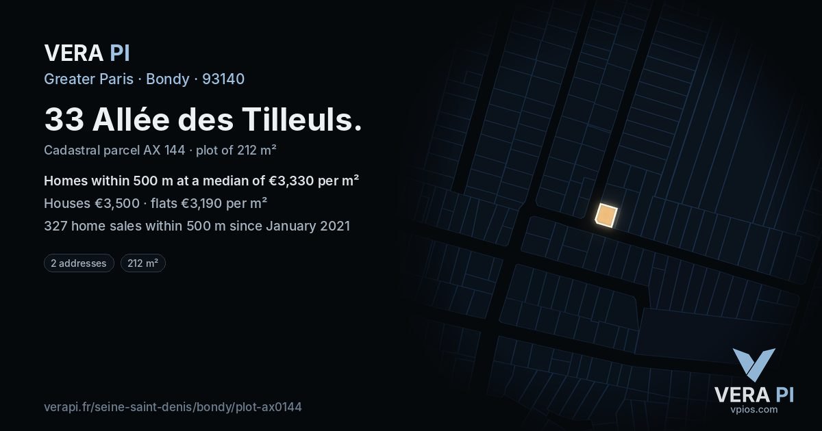 33 Allée des Tilleuls, Bondy at night – the plot lit, the parcels around coloured by the prices near them