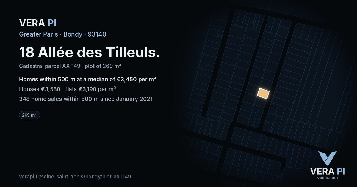 18 Allée des Tilleuls, Bondy at night – the plot lit, the parcels around coloured by the prices near them