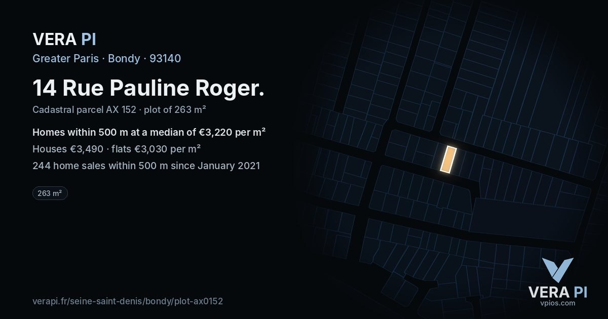 14 Rue Pauline Roger, Bondy at night – the plot lit, the parcels around coloured by the prices near them