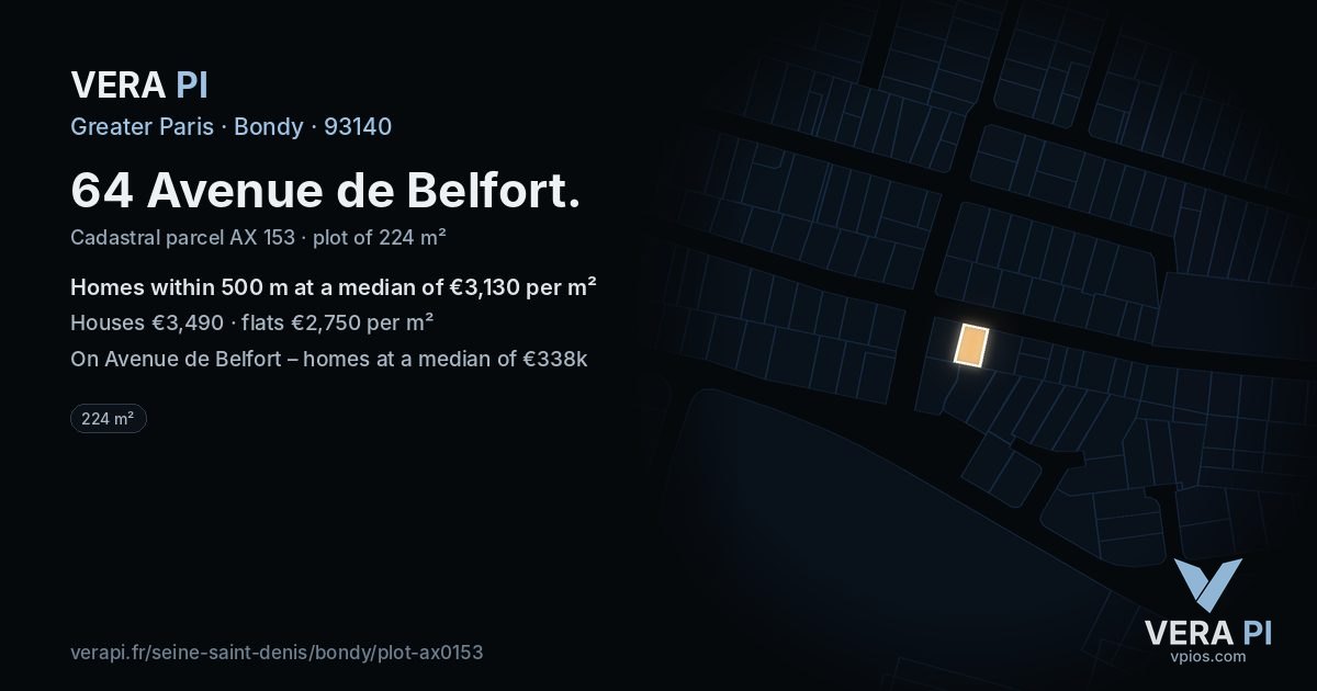 64 Avenue de Belfort, Bondy at night – the plot lit, the parcels around coloured by the prices near them