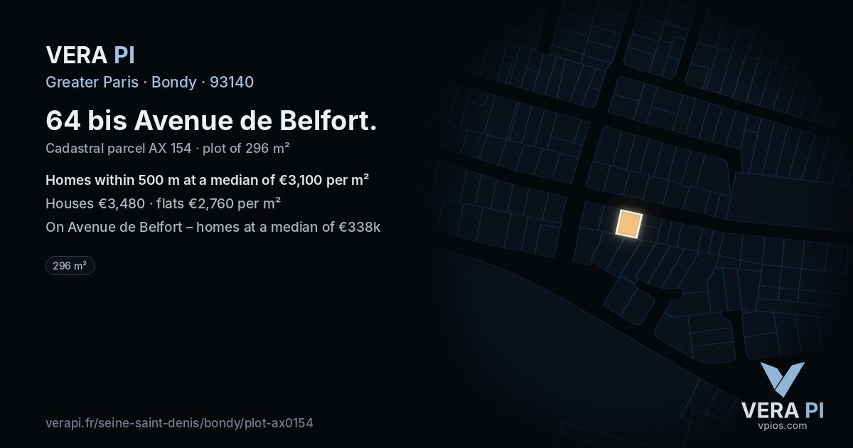 64 bis Avenue de Belfort, Bondy at night – the plot lit, the parcels around coloured by the prices near them