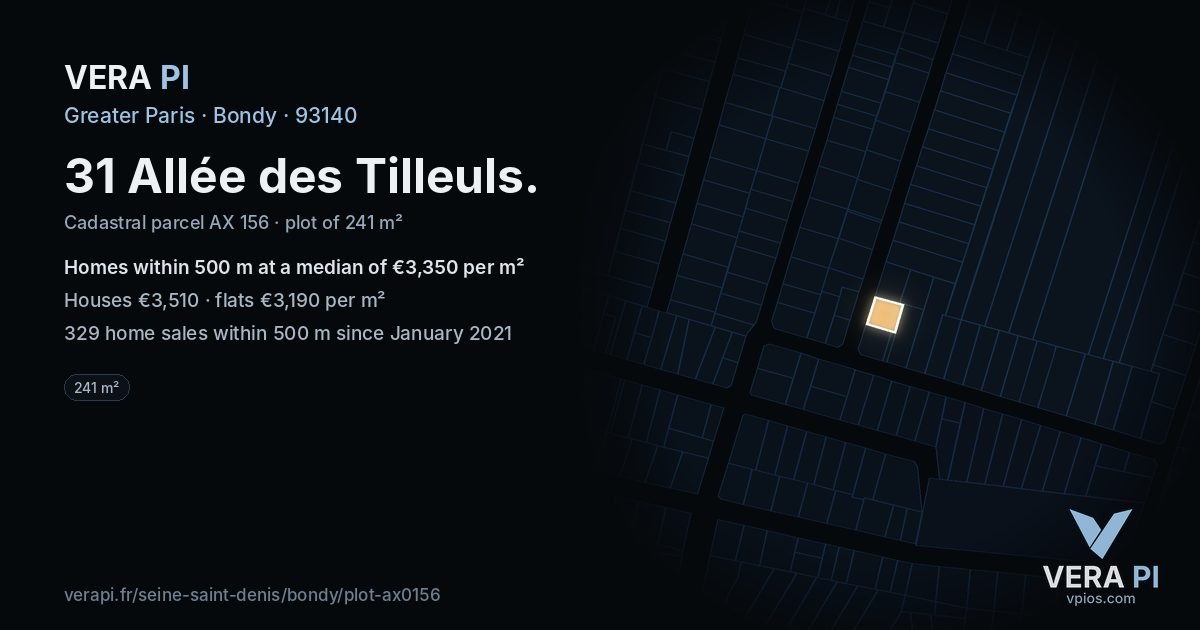 31 Allée des Tilleuls, Bondy at night – the plot lit, the parcels around coloured by the prices near them