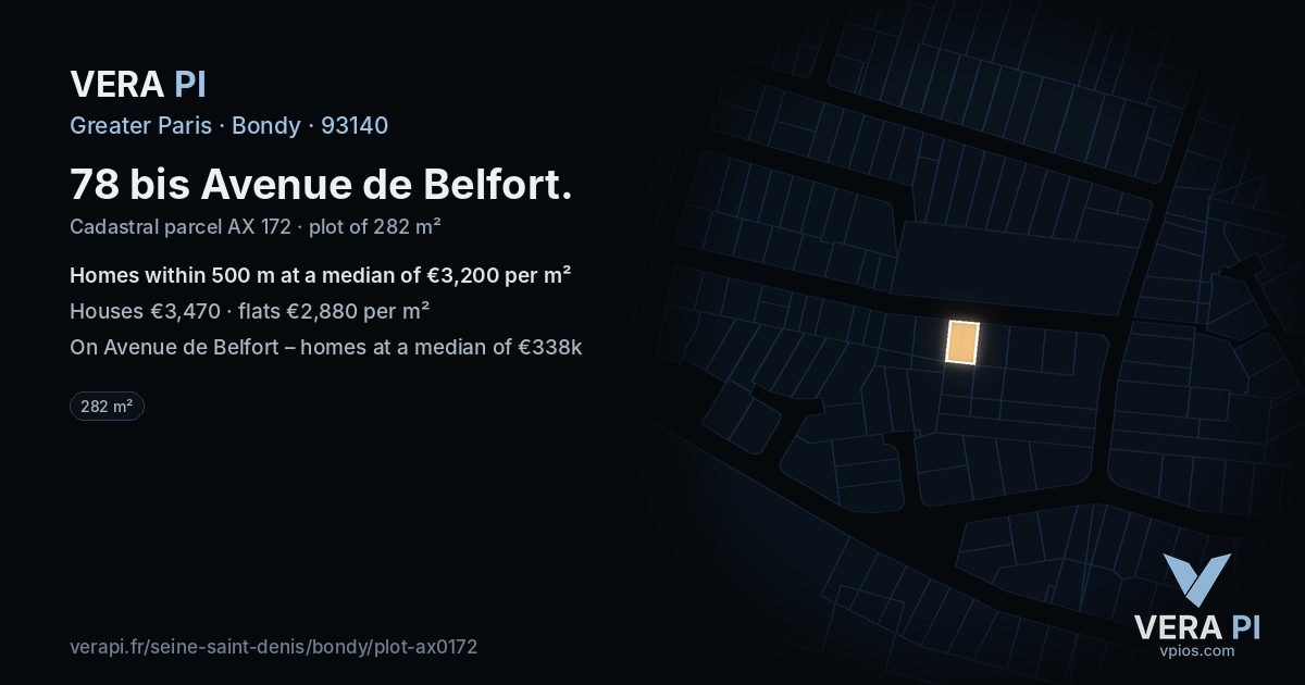 78 bis Avenue de Belfort, Bondy at night – the plot lit, the parcels around coloured by the prices near them