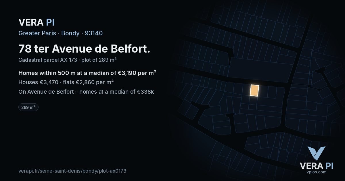 78 ter Avenue de Belfort, Bondy at night – the plot lit, the parcels around coloured by the prices near them