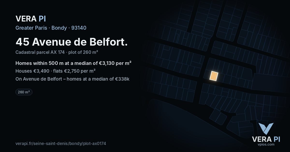 45 Avenue de Belfort, Bondy at night – the plot lit, the parcels around coloured by the prices near them