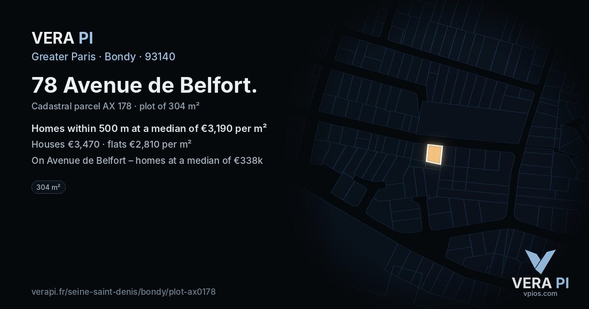 78 Avenue de Belfort, Bondy at night – the plot lit, the parcels around coloured by the prices near them