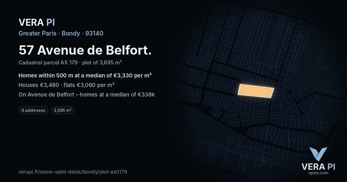 57 Avenue de Belfort, Bondy at night – the plot lit, the parcels around coloured by the prices near them