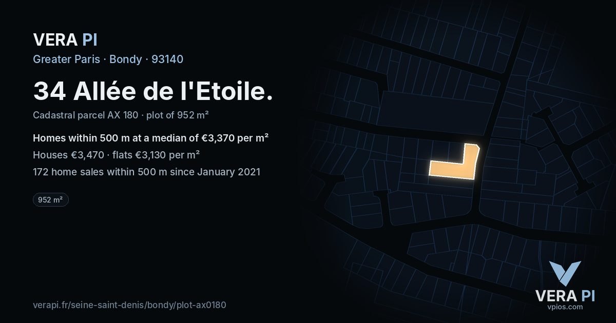 34 Allée de l'Etoile, Bondy at night – the plot lit, the parcels around coloured by the prices near them