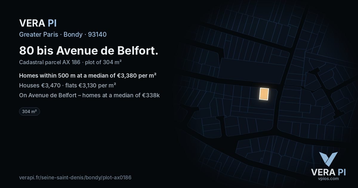 80 bis Avenue de Belfort, Bondy at night – the plot lit, the parcels around coloured by the prices near them