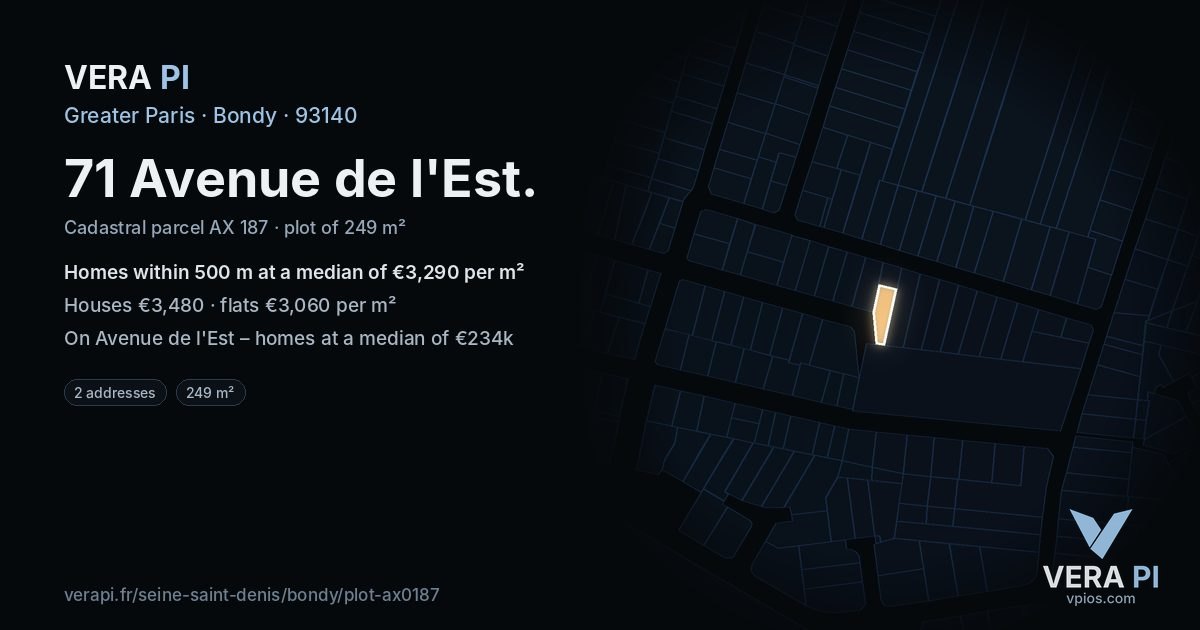 71 Avenue de l'Est, Bondy at night – the plot lit, the parcels around coloured by the prices near them
