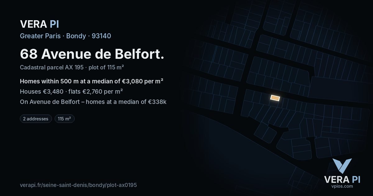 68 Avenue de Belfort, Bondy at night – the plot lit, the parcels around coloured by the prices near them