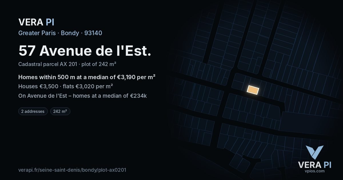 57 Avenue de l'Est, Bondy at night – the plot lit, the parcels around coloured by the prices near them