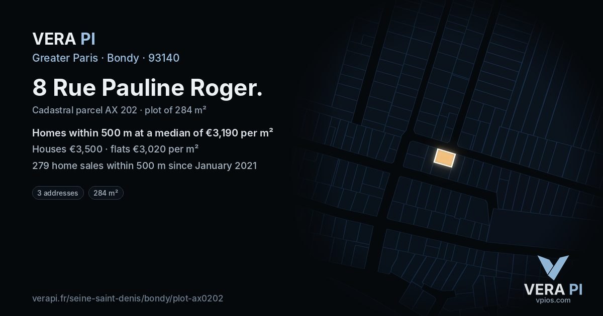 8 Rue Pauline Roger, Bondy at night – the plot lit, the parcels around coloured by the prices near them