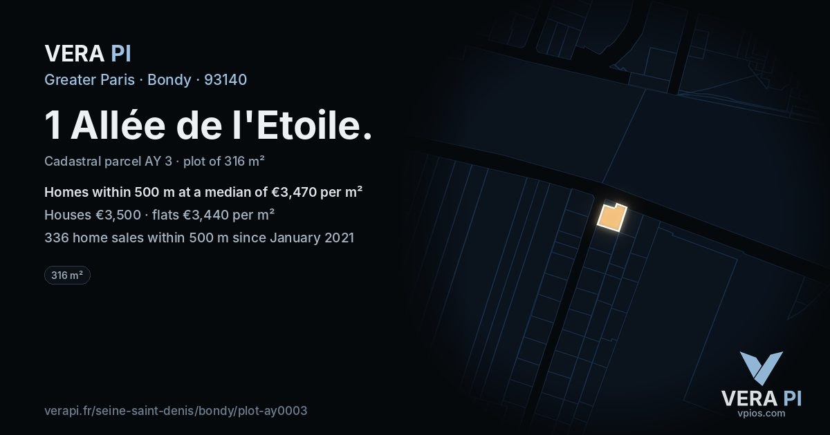1 Allée de l'Etoile, Bondy at night – the plot lit, the parcels around coloured by the prices near them