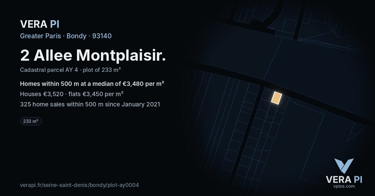 2 Allee Montplaisir, Bondy at night – the plot lit, the parcels around coloured by the prices near them