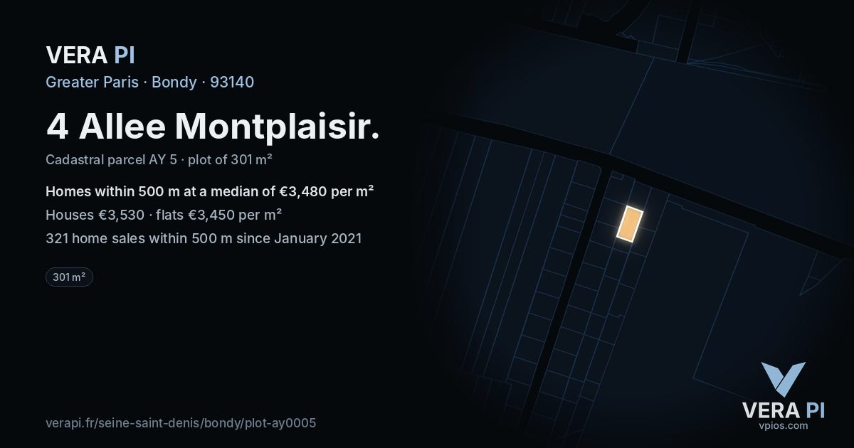 4 Allee Montplaisir, Bondy at night – the plot lit, the parcels around coloured by the prices near them