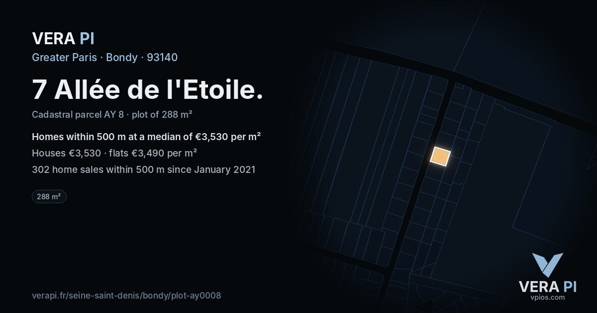 7 Allée de l'Etoile, Bondy at night – the plot lit, the parcels around coloured by the prices near them