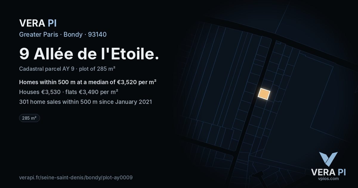 9 Allée de l'Etoile, Bondy at night – the plot lit, the parcels around coloured by the prices near them