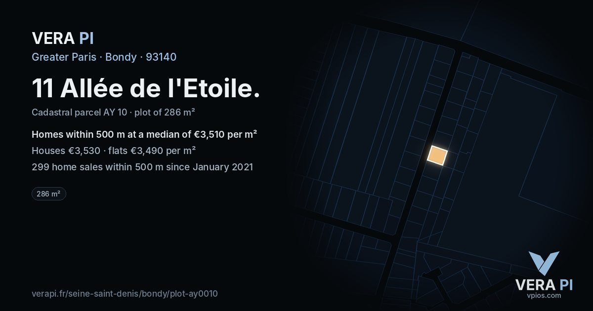 11 Allée de l'Etoile, Bondy at night – the plot lit, the parcels around coloured by the prices near them