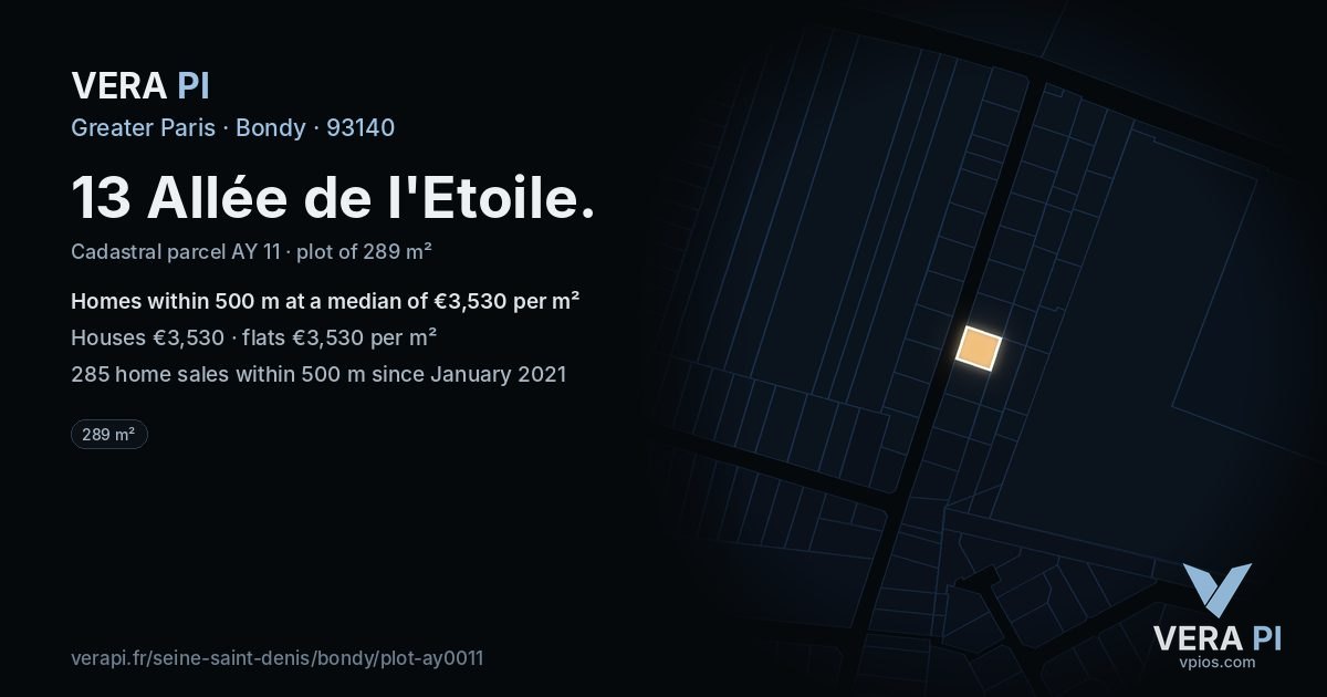 13 Allée de l'Etoile, Bondy at night – the plot lit, the parcels around coloured by the prices near them