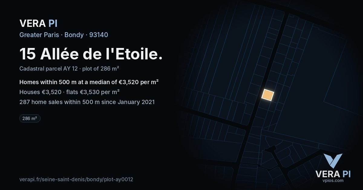 15 Allée de l'Etoile, Bondy at night – the plot lit, the parcels around coloured by the prices near them
