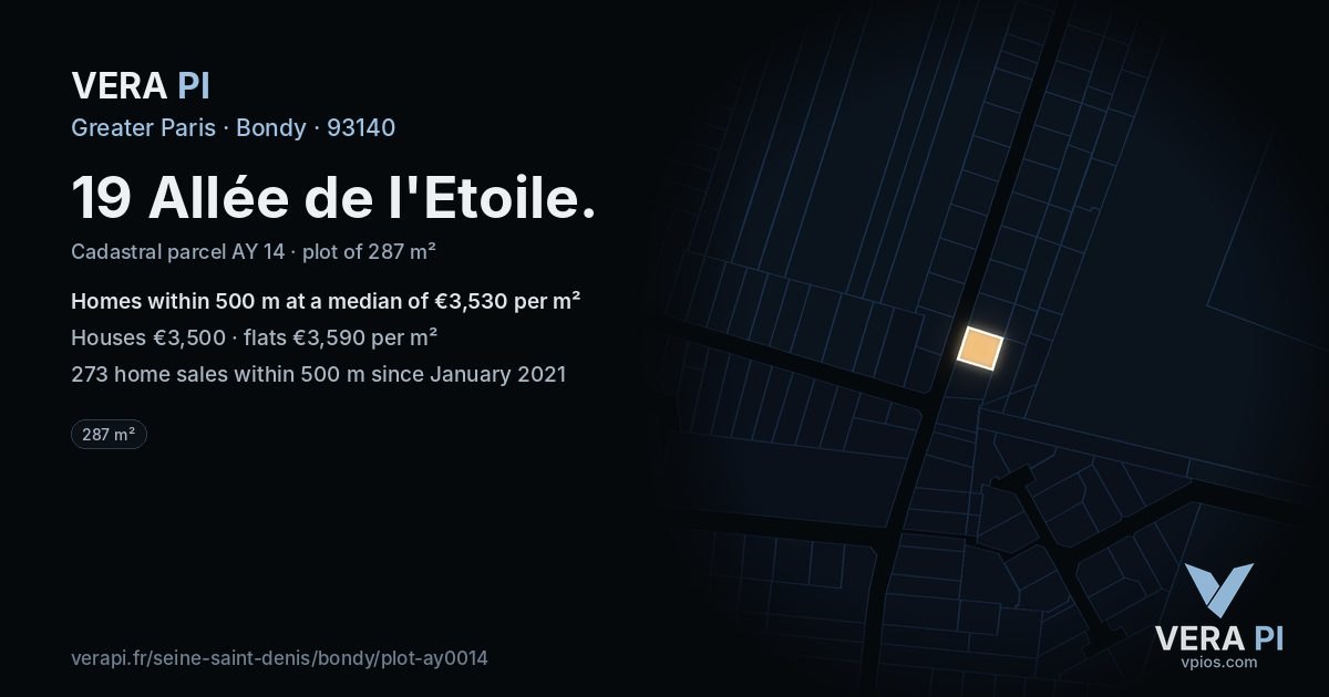 19 Allée de l'Etoile, Bondy at night – the plot lit, the parcels around coloured by the prices near them