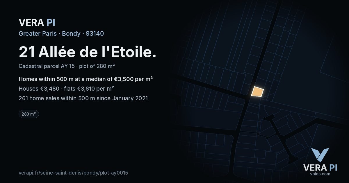 21 Allée de l'Etoile, Bondy at night – the plot lit, the parcels around coloured by the prices near them