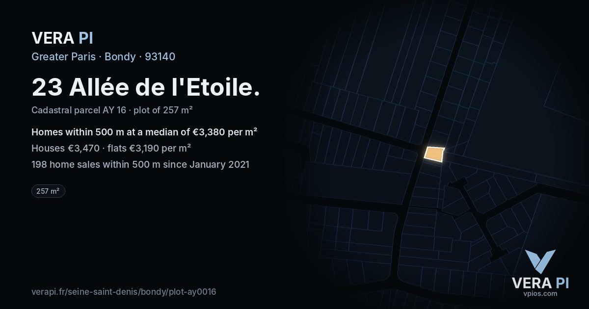 23 Allée de l'Etoile, Bondy at night – the plot lit, the parcels around coloured by the prices near them