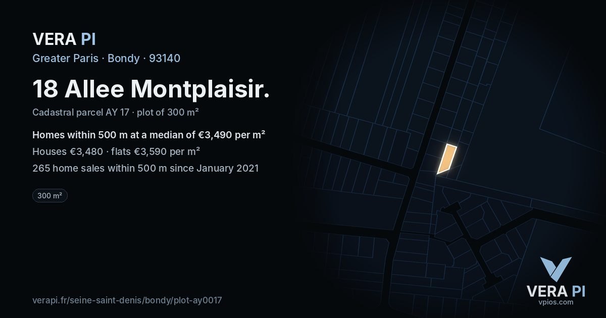 18 Allee Montplaisir, Bondy at night – the plot lit, the parcels around coloured by the prices near them