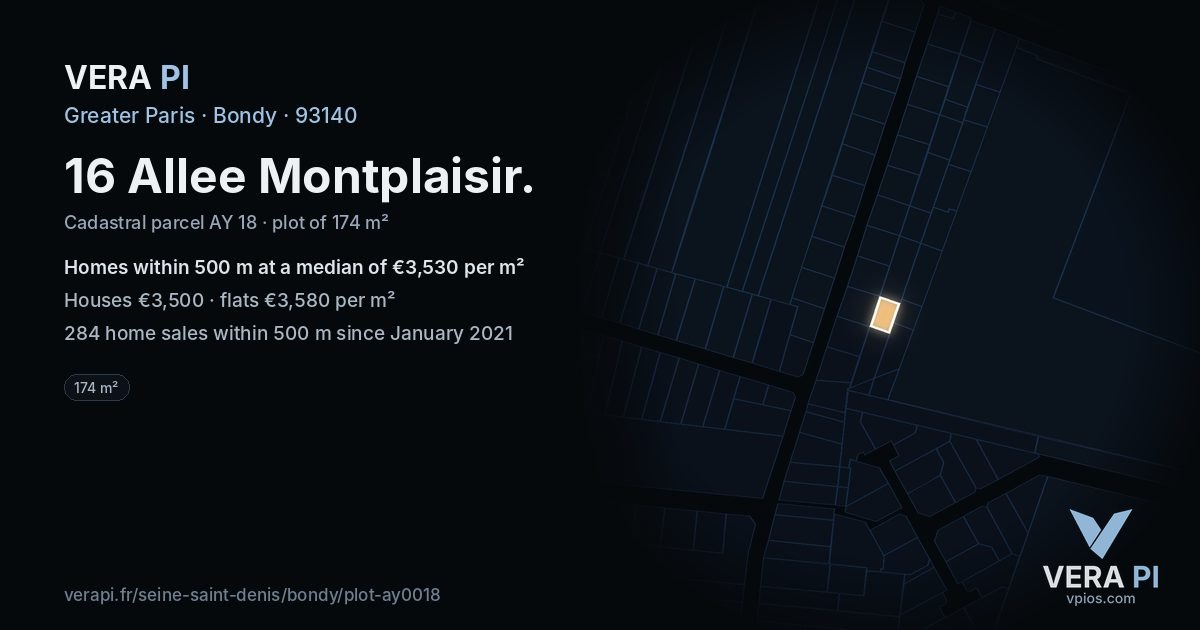 16 Allee Montplaisir, Bondy at night – the plot lit, the parcels around coloured by the prices near them