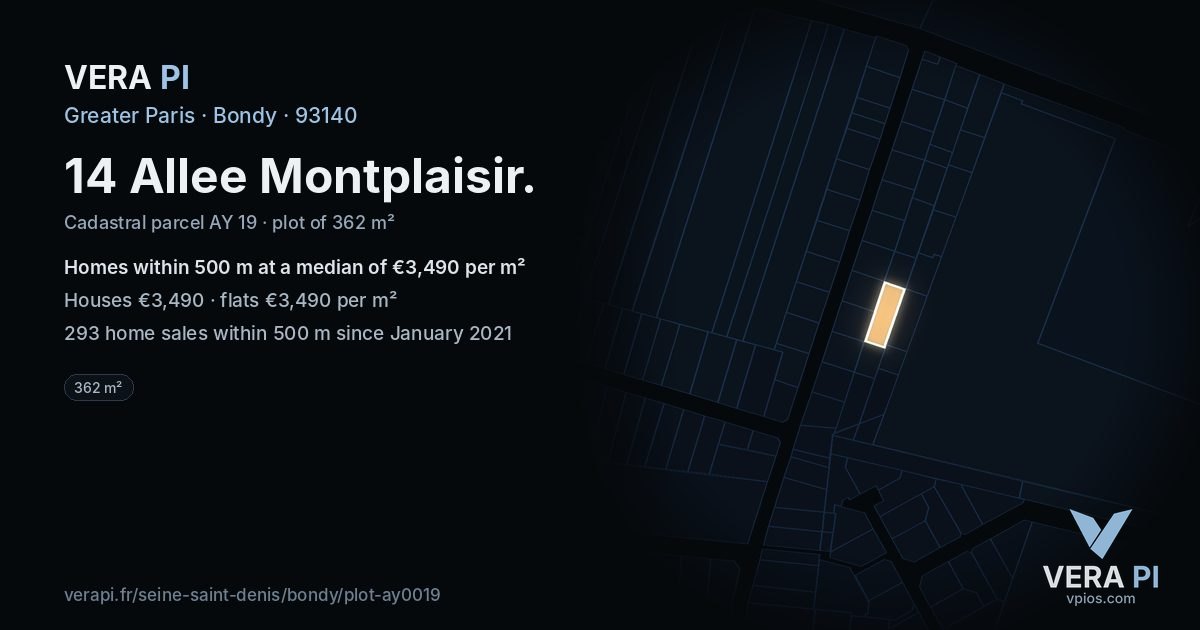 14 Allee Montplaisir, Bondy at night – the plot lit, the parcels around coloured by the prices near them