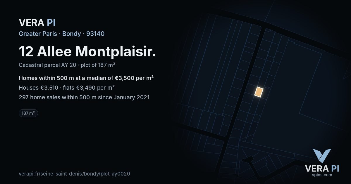 12 Allee Montplaisir, Bondy at night – the plot lit, the parcels around coloured by the prices near them