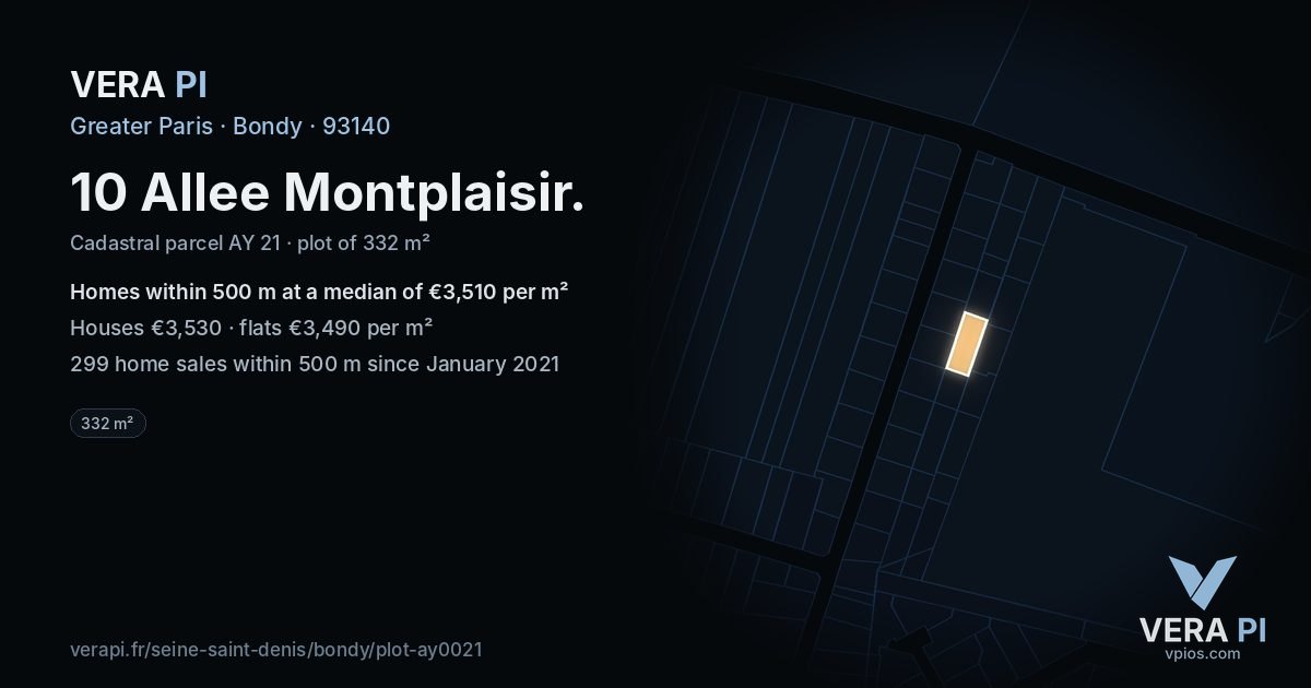 10 Allee Montplaisir, Bondy at night – the plot lit, the parcels around coloured by the prices near them
