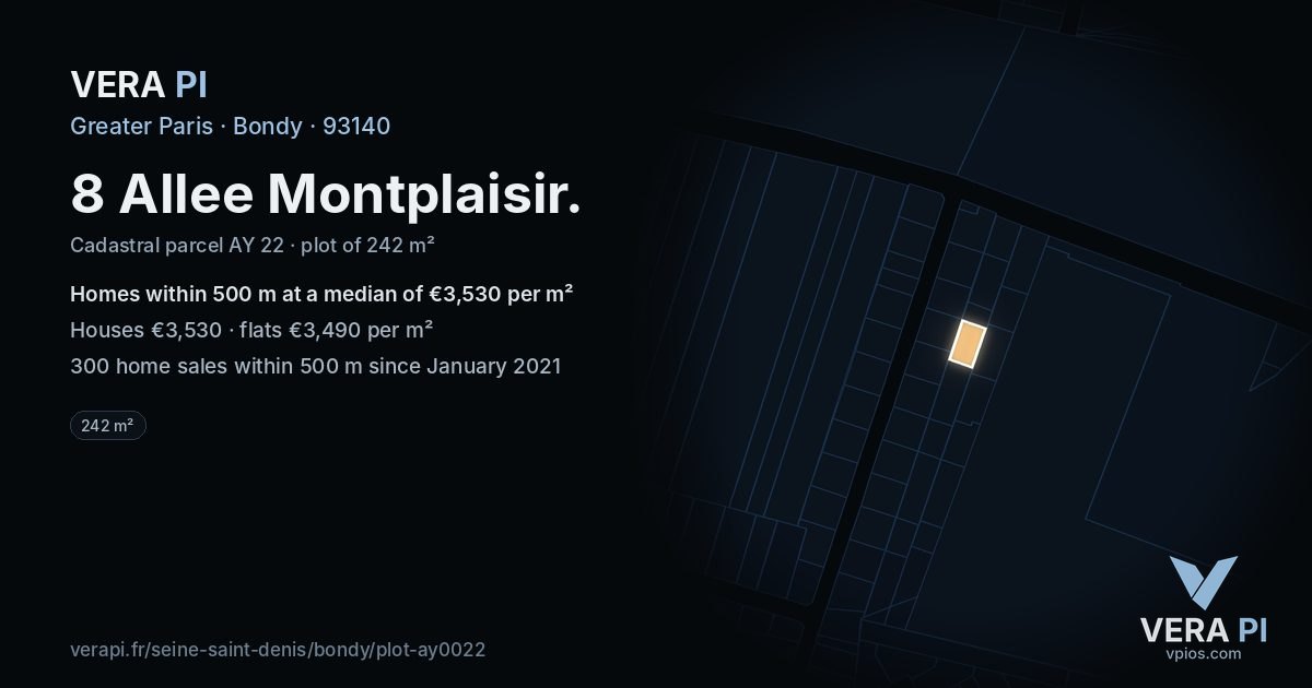 8 Allee Montplaisir, Bondy at night – the plot lit, the parcels around coloured by the prices near them