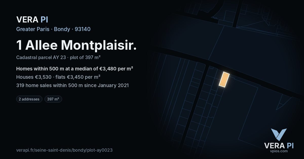 1 Allee Montplaisir, Bondy at night – the plot lit, the parcels around coloured by the prices near them