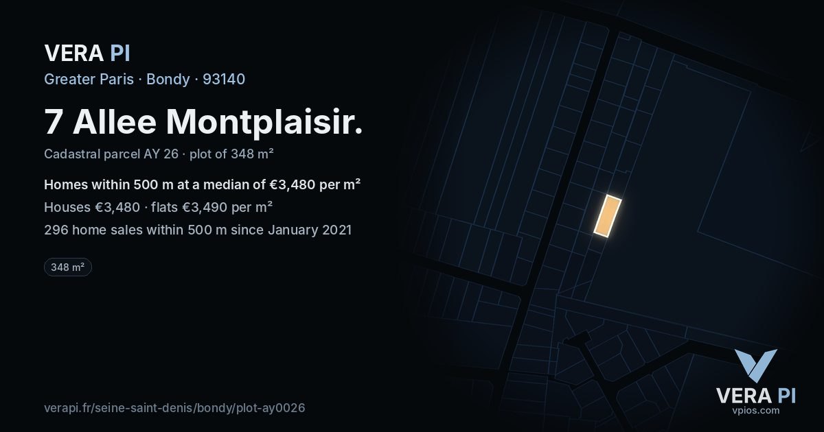 7 Allee Montplaisir, Bondy at night – the plot lit, the parcels around coloured by the prices near them