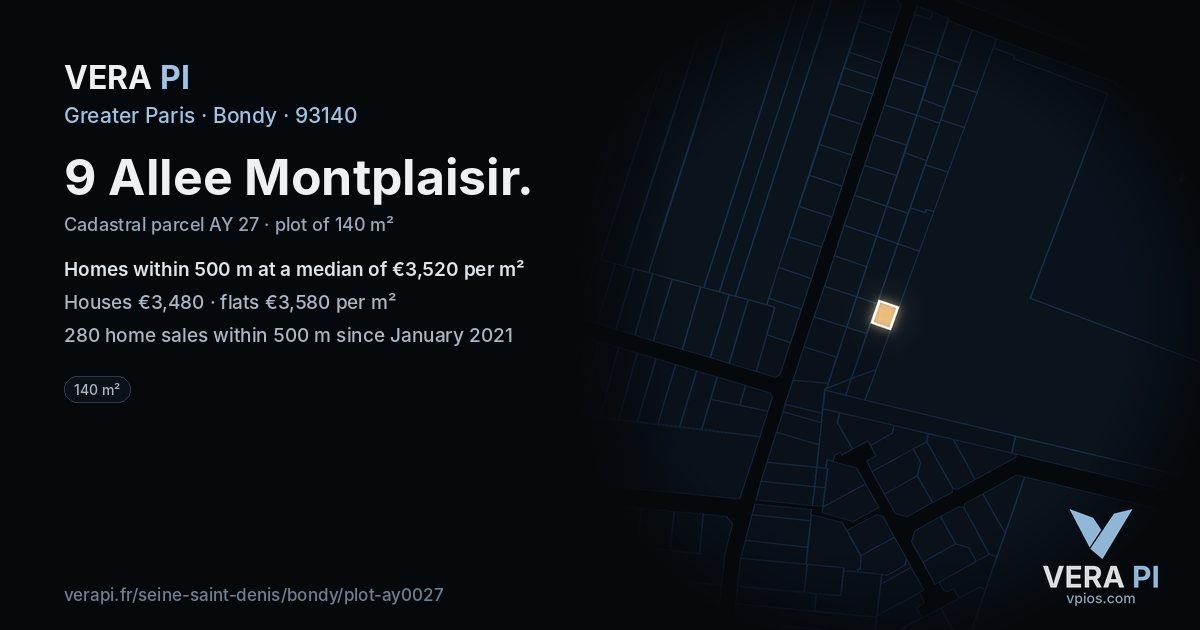 9 Allee Montplaisir, Bondy at night – the plot lit, the parcels around coloured by the prices near them