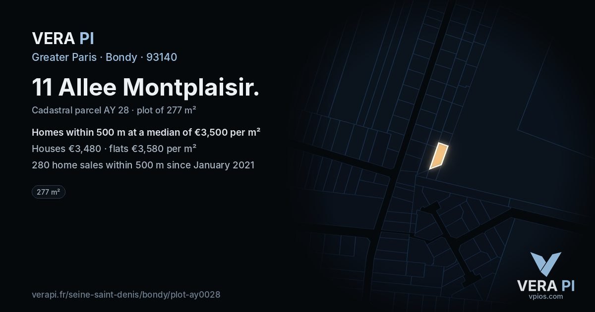 11 Allee Montplaisir, Bondy at night – the plot lit, the parcels around coloured by the prices near them
