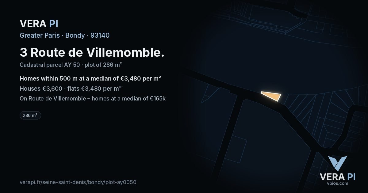 3 Route de Villemomble, Bondy at night – the plot lit, the parcels around coloured by the prices near them