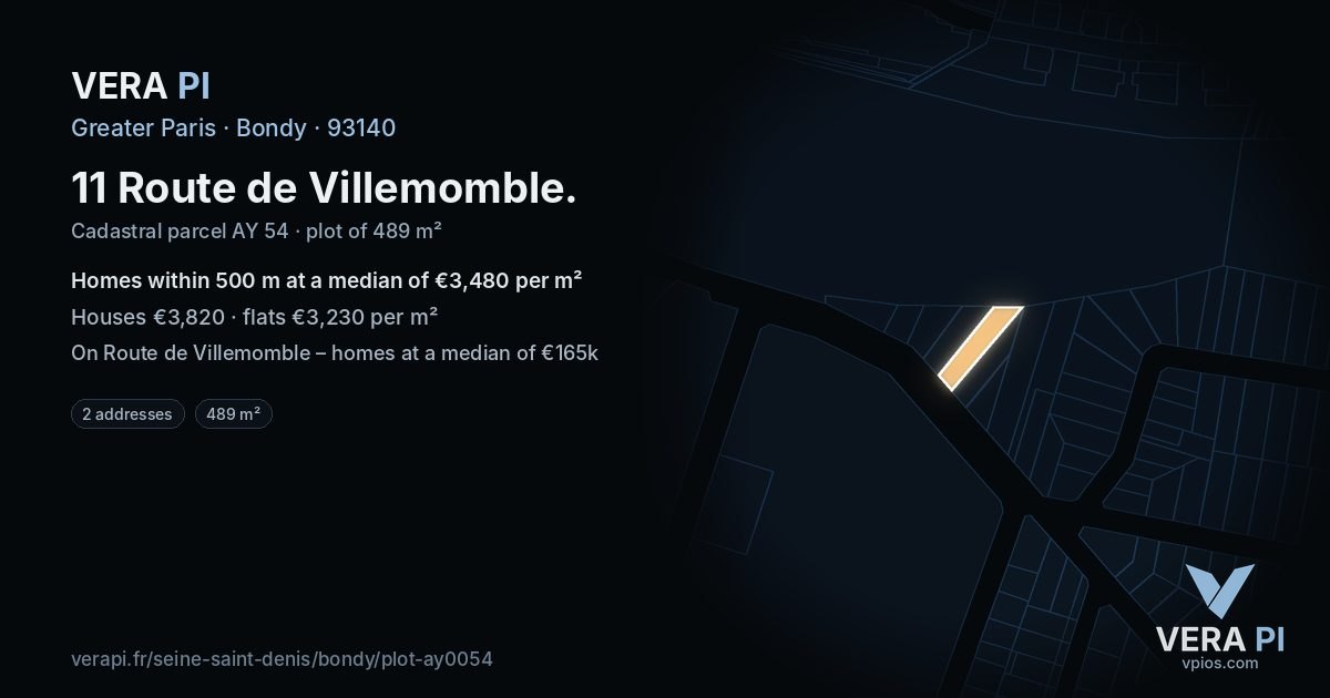 11 Route de Villemomble, Bondy at night – the plot lit, the parcels around coloured by the prices near them