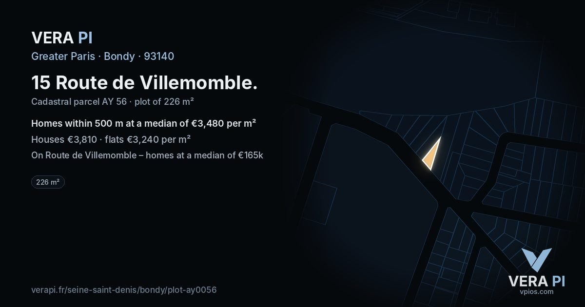 15 Route de Villemomble, Bondy at night – the plot lit, the parcels around coloured by the prices near them
